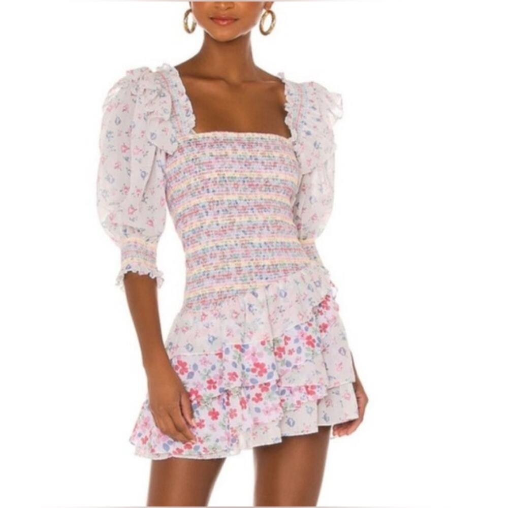 EUC Loveshackfancy Tiered Golden Mini Dress in Multi Cream Symphony - Picture 3 of 7